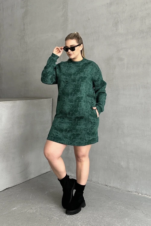 Büyük Beden Uzun Kollu Bisiklet Yaka Cepli Desenli Elbise 106-77