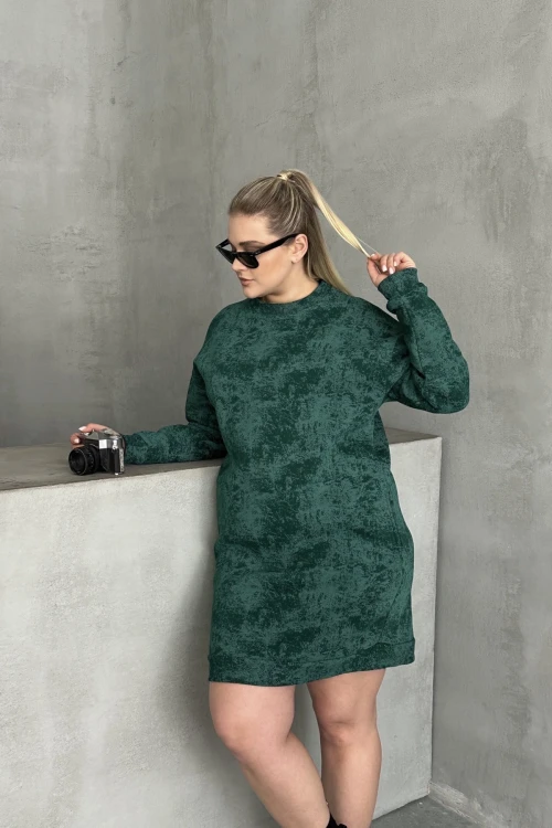 Büyük Beden Uzun Kollu Bisiklet Yaka Cepli Desenli Elbise 106-77