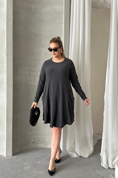 Büyük Beden Uzun Kollu Bisiklet Yaka Cepli Fitilli Elbise 304008