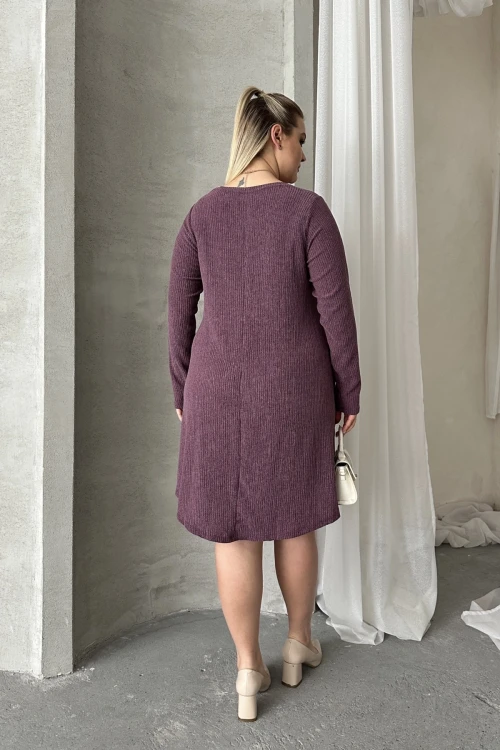 Büyük Beden Uzun Kollu Bisiklet Yaka Cepli Fitilli Elbise 100-186