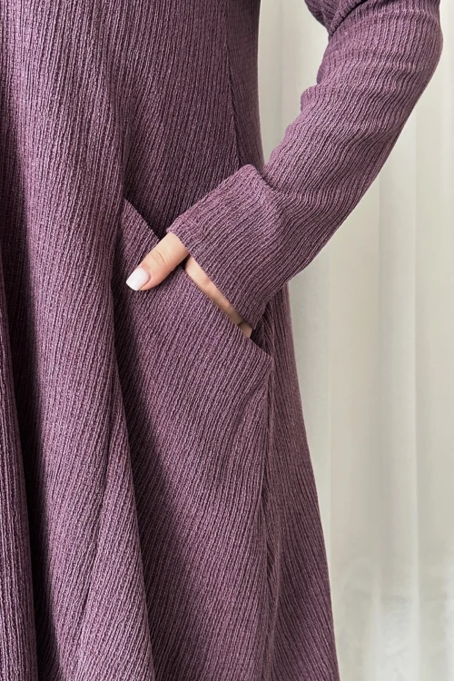 Büyük Beden Uzun Kollu Bisiklet Yaka Cepli Fitilli Elbise 100-186