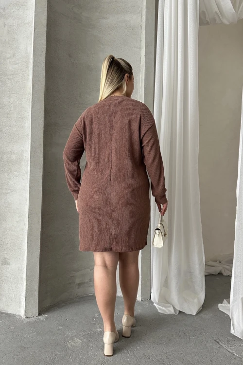 Büyük Beden Uzun Kollu Bisiklet Yaka Düz Kesim Elbise 100-189