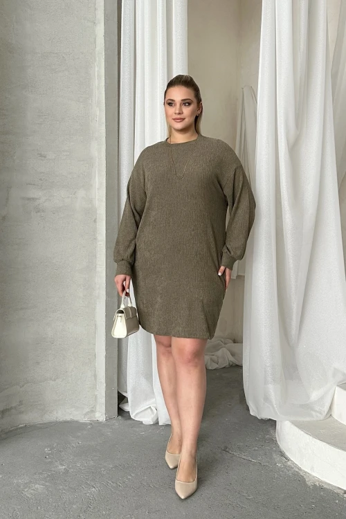 Büyük Beden Uzun Kollu Bisiklet Yaka Düz Kesim Elbise 100-190