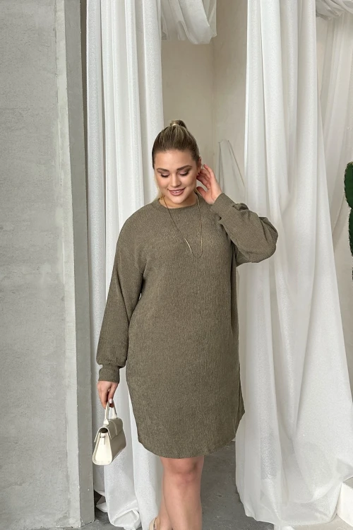 Büyük Beden Uzun Kollu Bisiklet Yaka Düz Kesim Elbise 100-190