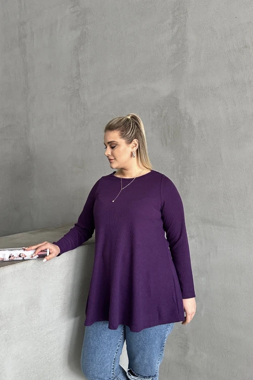 Büyük Beden Uzun Kollu Bisiklet Yaka Fitilli Bluz 100-123