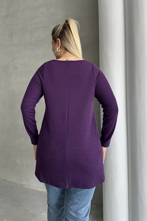 Büyük Beden Uzun Kollu Bisiklet Yaka Fitilli Bluz 100-123