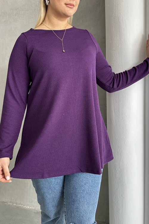 Büyük Beden Uzun Kollu Bisiklet Yaka Fitilli Bluz 100-123