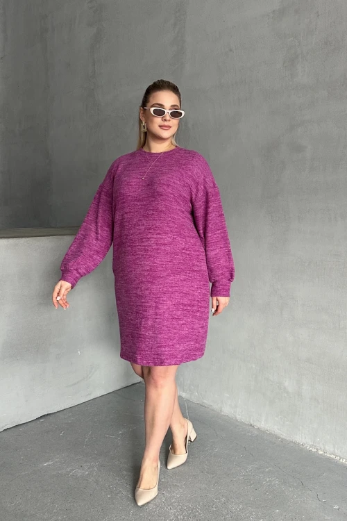 Büyük Beden Uzun Kollu Bisiklet Yaka Kırçıllı Elbise 84-162