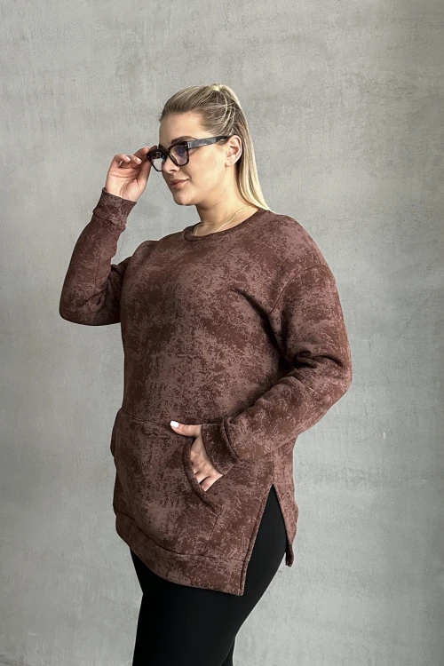 Büyük Beden Uzun Kollu Bisiklet Yaka Önü Cepli Desenli Sweatshirt 106-79