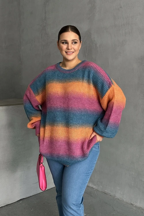 Büyük Beden Uzun Kollu Bisiklet Yaka Renk Bloklu Triko Kazak DG-09