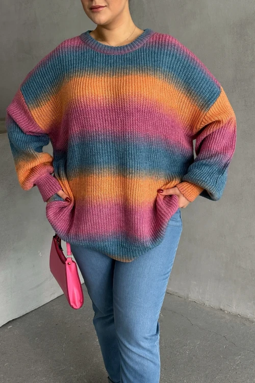 Büyük Beden Uzun Kollu Bisiklet Yaka Renk Bloklu Triko Kazak DG-09