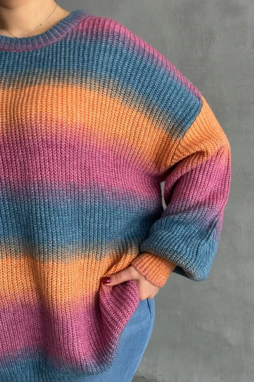 Büyük Beden Uzun Kollu Bisiklet Yaka Renk Bloklu Triko Kazak DG-09