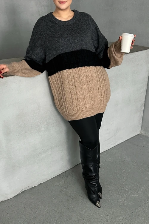 Büyük Beden Uzun Kollu Bisiklet Yaka Triko Kazak DG-05