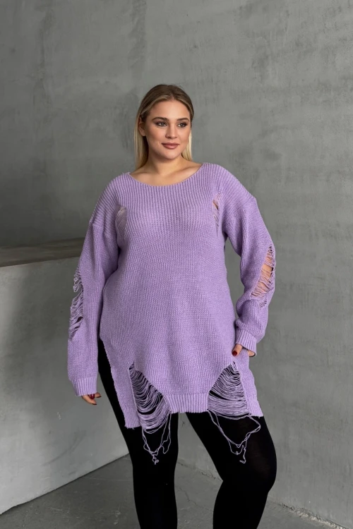 Büyük Beden Uzun Kollu Bisiklet Yaka Yırtık Detaylı Triko Kazak T-3