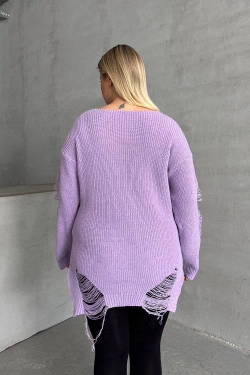 Büyük Beden Uzun Kollu Bisiklet Yaka Yırtık Detaylı Triko Kazak T-3