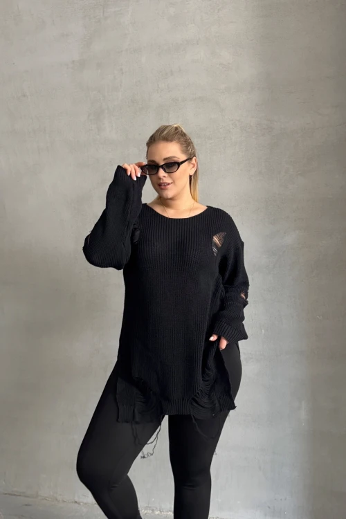 Büyük Beden Uzun Kollu Bisiklet Yaka Yırtık Detaylı Triko Kazak 303582