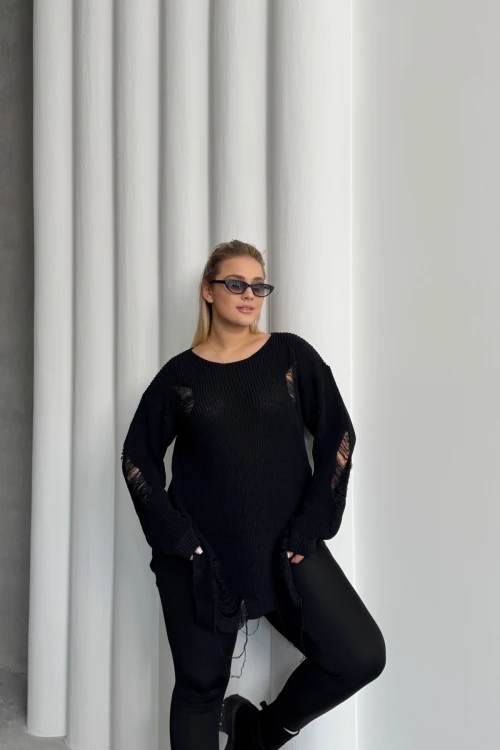 Büyük Beden Uzun Kollu Bisiklet Yaka Yırtık Detaylı Triko Kazak 303582