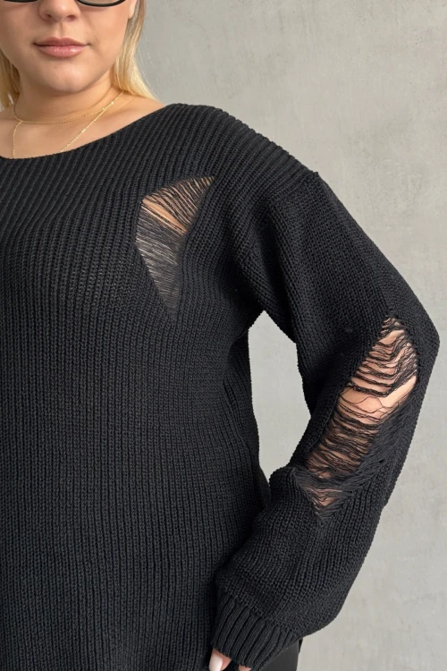 Büyük Beden Uzun Kollu Bisiklet Yaka Yırtık Detaylı Triko Kazak 303582