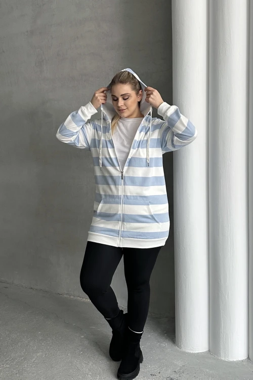 Büyük Beden Uzun Kollu Kapüşonlu Cepli Fermuarlı Hırka 74-104