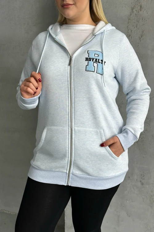 Büyük Beden Uzun Kollu Kapüşonlu Fermuarlı Cepli Yumuşak Hırka 302571