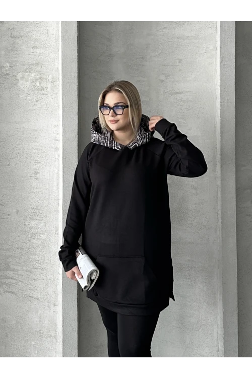 Büyük Beden Uzun Kollu Kapüşonlu Kanguru Cepli Yanları Yırtmaçlı Sweatshirt 300372