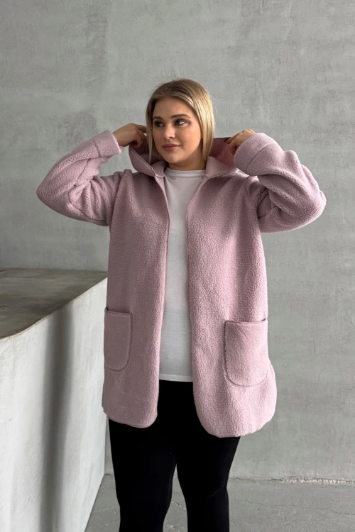 Büyük Beden Uzun Kollu Kapüşonlu Önü Kapamasız Cepli Peluş Ceket 97-14
