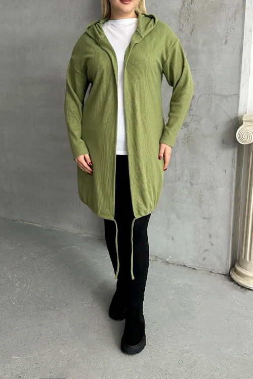 Büyük Beden Uzun Kollu Kapüşonlu Önü Kapamasız Fitilli Hırka 74-136