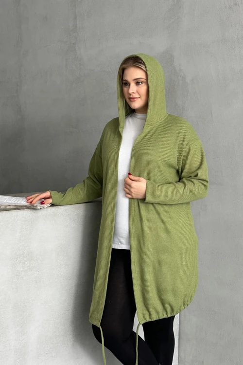 Büyük Beden Uzun Kollu Kapüşonlu Önü Kapamasız Fitilli Hırka 74-136