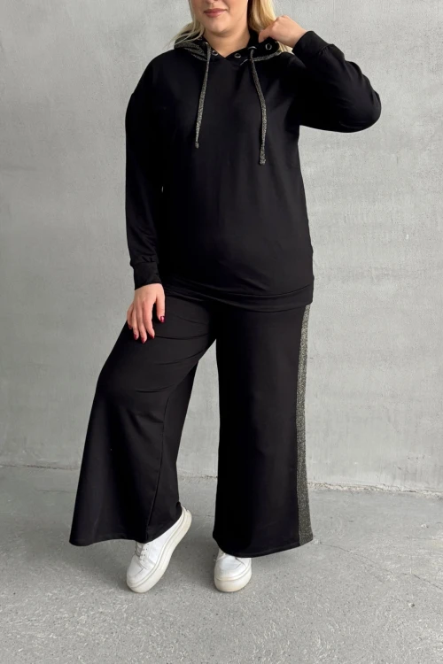 Büyük Beden Uzun Kollu Kapüşonlu ve Bol Paça Cepsiz Eşofman Takımı 106-73-74