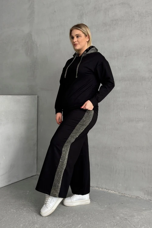 Büyük Beden Uzun Kollu Kapüşonlu ve Bol Paça Cepsiz Eşofman Takımı 106-73-74