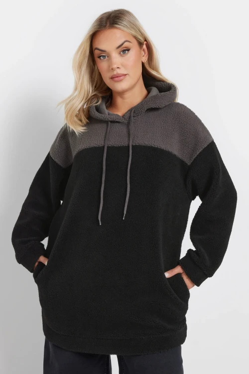 Büyük Beden Uzun Kollu Kapüşonlu ve Cepli Peluş Sweatshirt 303790