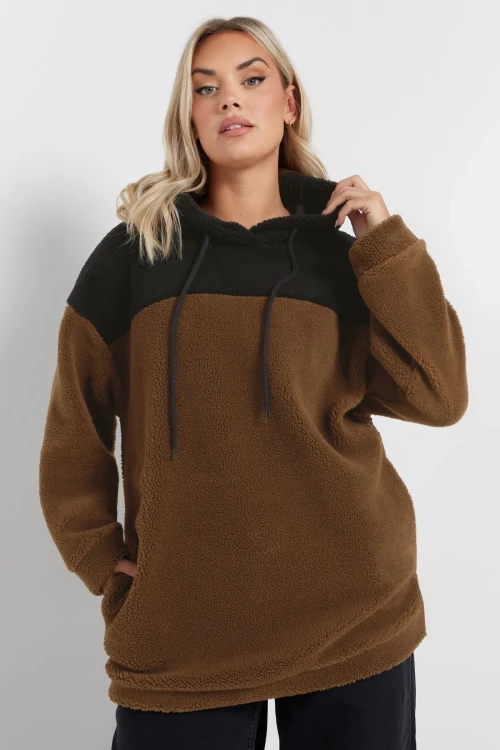 Büyük Beden Uzun Kollu Kapüşonlu ve Cepli Peluş Sweatshirt 303794