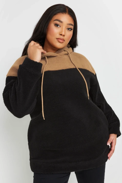 Büyük Beden Uzun Kollu Kapüşonlu ve Cepli Peluş Sweatshirt 303796