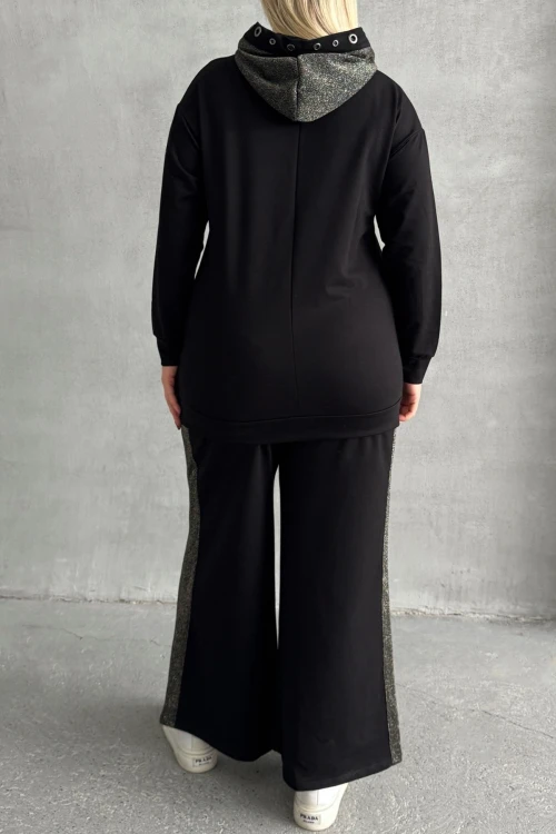 Büyük Beden Uzun Kollu Kapüşonu Desenli Beli Lastikli Sweatshirt 106-73