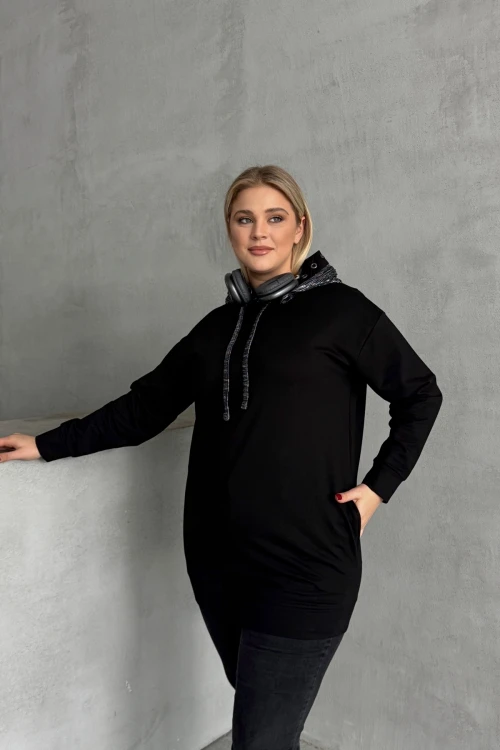 Büyük Beden Uzun Kollu Kapüşonu Desenli Cepli Sweatshirt 106-92