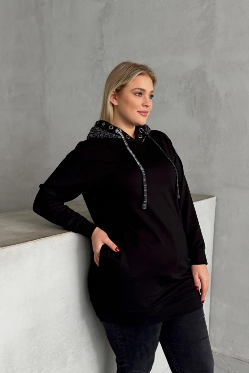 Büyük Beden Uzun Kollu Kapüşonu Desenli Cepli Sweatshirt 106-92