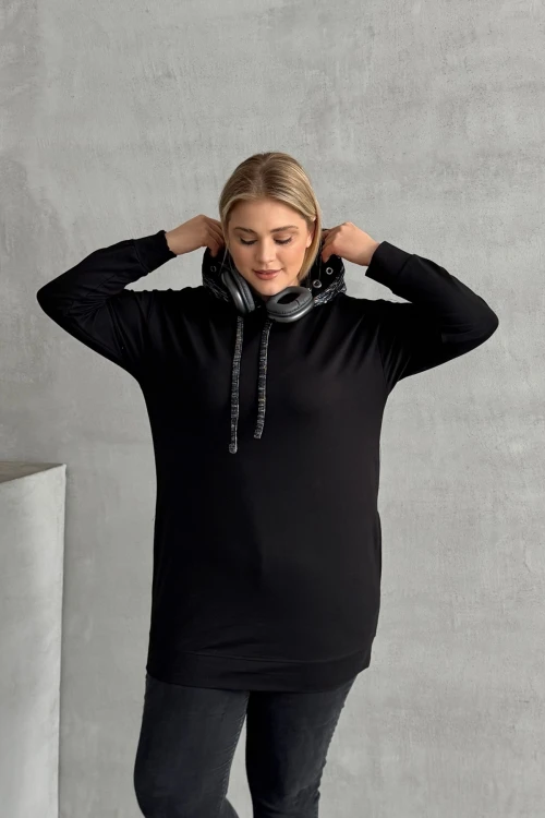 Büyük Beden Uzun Kollu Kapüşonu Desenli Cepli Sweatshirt 106-92