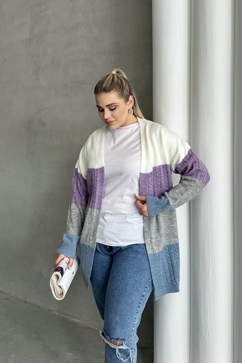 Büyük Beden Uzun Kollu Önü Kapamasız Renk Bloklu Triko Hırka 302148