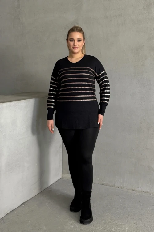 Büyük Beden Uzun Kollu V Yaka Bilekleri Lastikli Bluz 302910