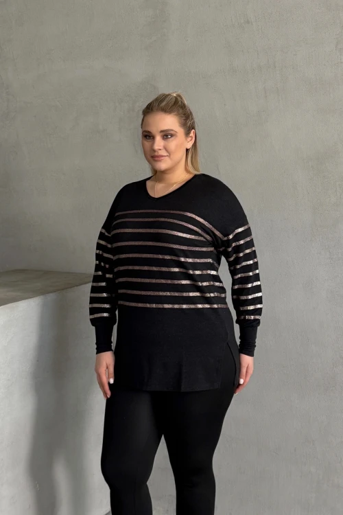 Büyük Beden Uzun Kollu V Yaka Bilekleri Lastikli Bluz 302910