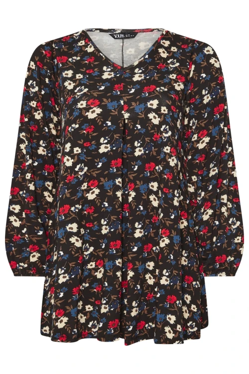 Büyük Beden Uzun Kollu V Yaka Önü Pileli Çiçek Desenli Bluz 303720