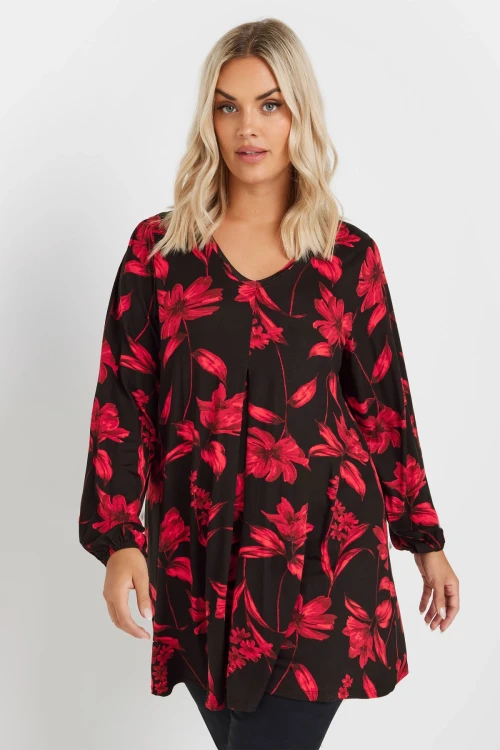 Büyük Beden Uzun Kollu V Yaka Önü Pileli Çiçek Desenli Bluz 303721