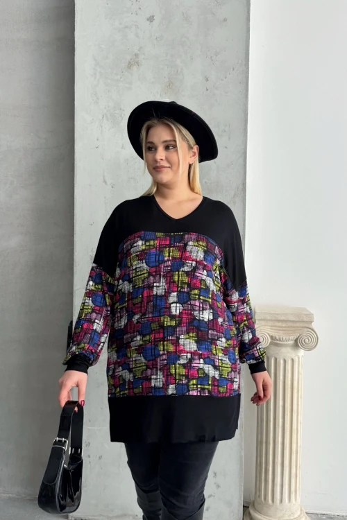 Büyük Beden Uzun Kollu V Yaka Yanı Yırtmaçlı Desenli Bluz 89-45