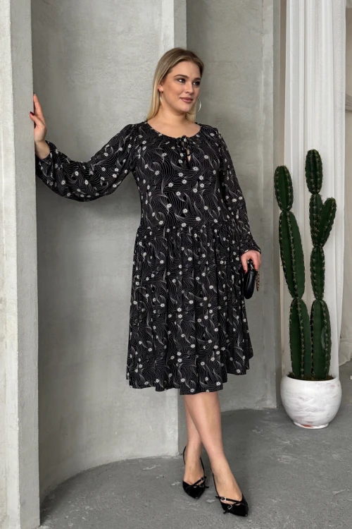 Büyük Beden Uzun Kollu Yakası Bağlama Detaylı Desenli Elbise 100-73