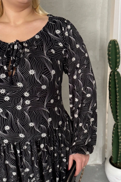 Büyük Beden Uzun Kollu Yakası Bağlama Detaylı Desenli Elbise 100-73