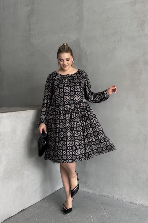 Büyük Beden Uzun Kollu Yakası Bağlamalı Eteği Pileli Elbise 100-75