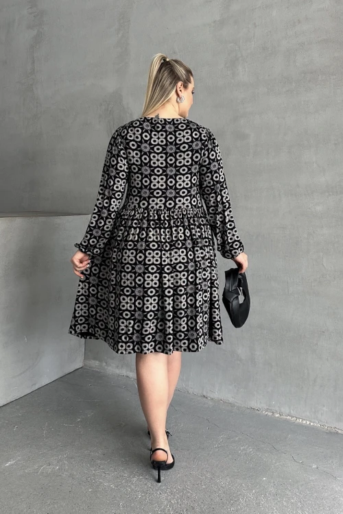 Büyük Beden Uzun Kollu Yakası Bağlamalı Eteği Pileli Elbise 100-75