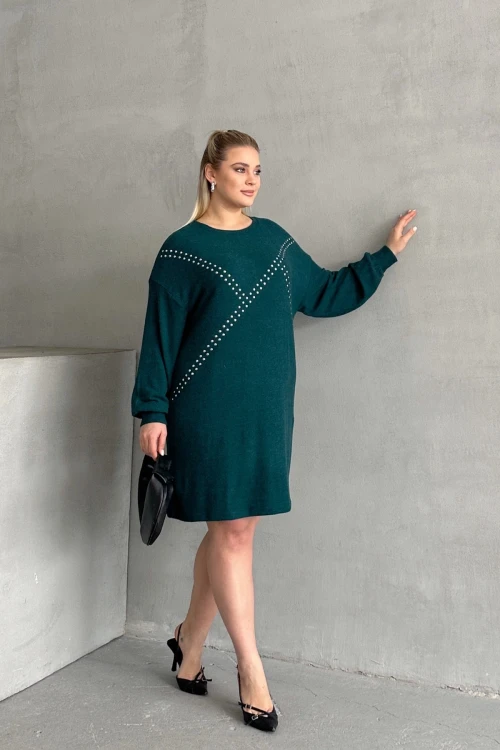 Büyük Beden Uzun Kollu Yumuşak Dokulu Taş İşlemeli Triko Elbise 285040