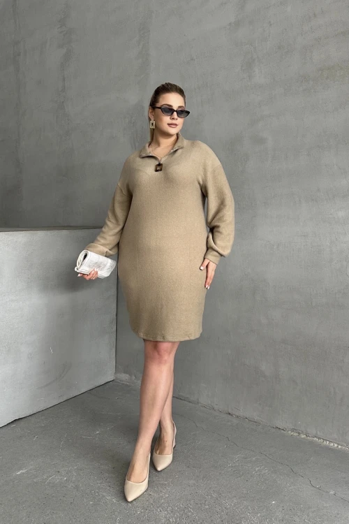 Büyük Beden Uzun Kollu Yumuşak Dokulu Yakası Fermuarlı Triko Elbise 106-37