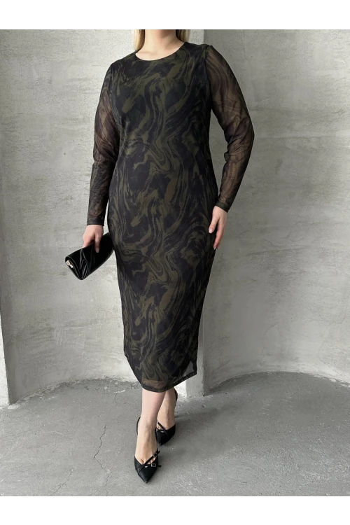 Büyük Beden Uzun Tül Kol Astarlı Mesh Midi Elbise 216292